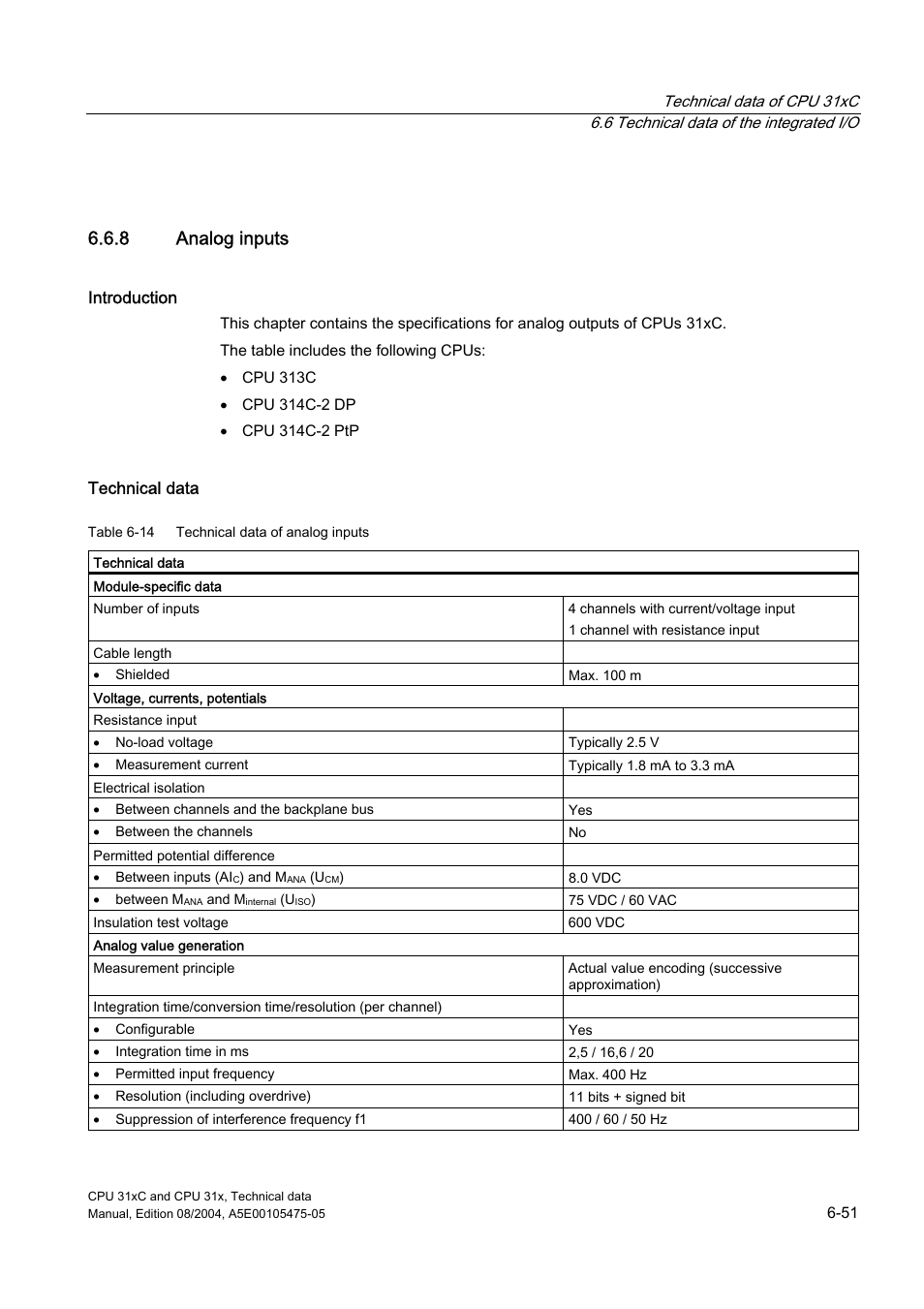 8 analog inputs | Siemens Simatic S7-300 CPU 31xC and CPU 31x S7-300 User Manual | Page 161 / 244