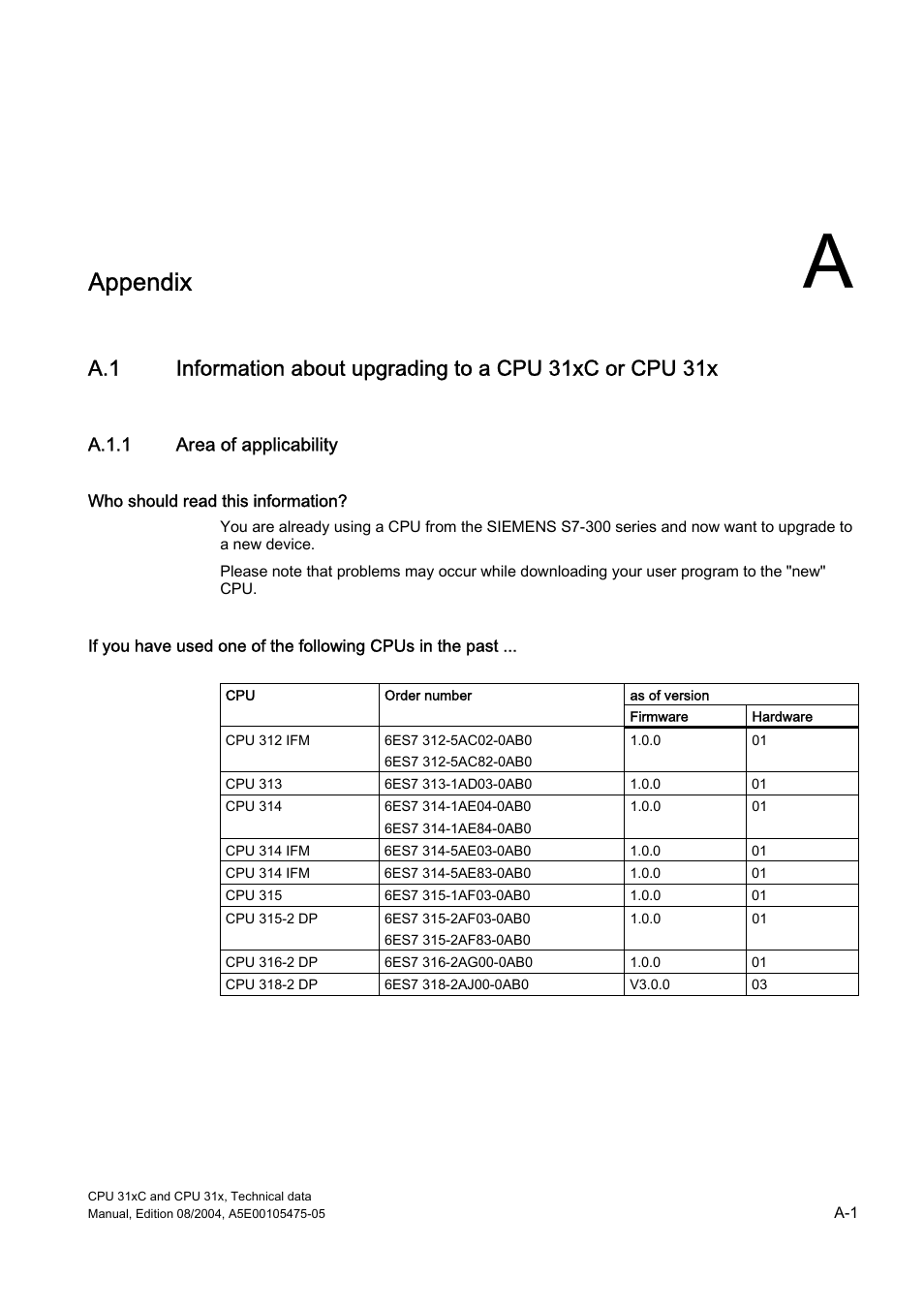 Appendix, A.1.1 area of applicability | Siemens Simatic S7-300 CPU 31xC and CPU 31x S7-300 User Manual | Page 207 / 244