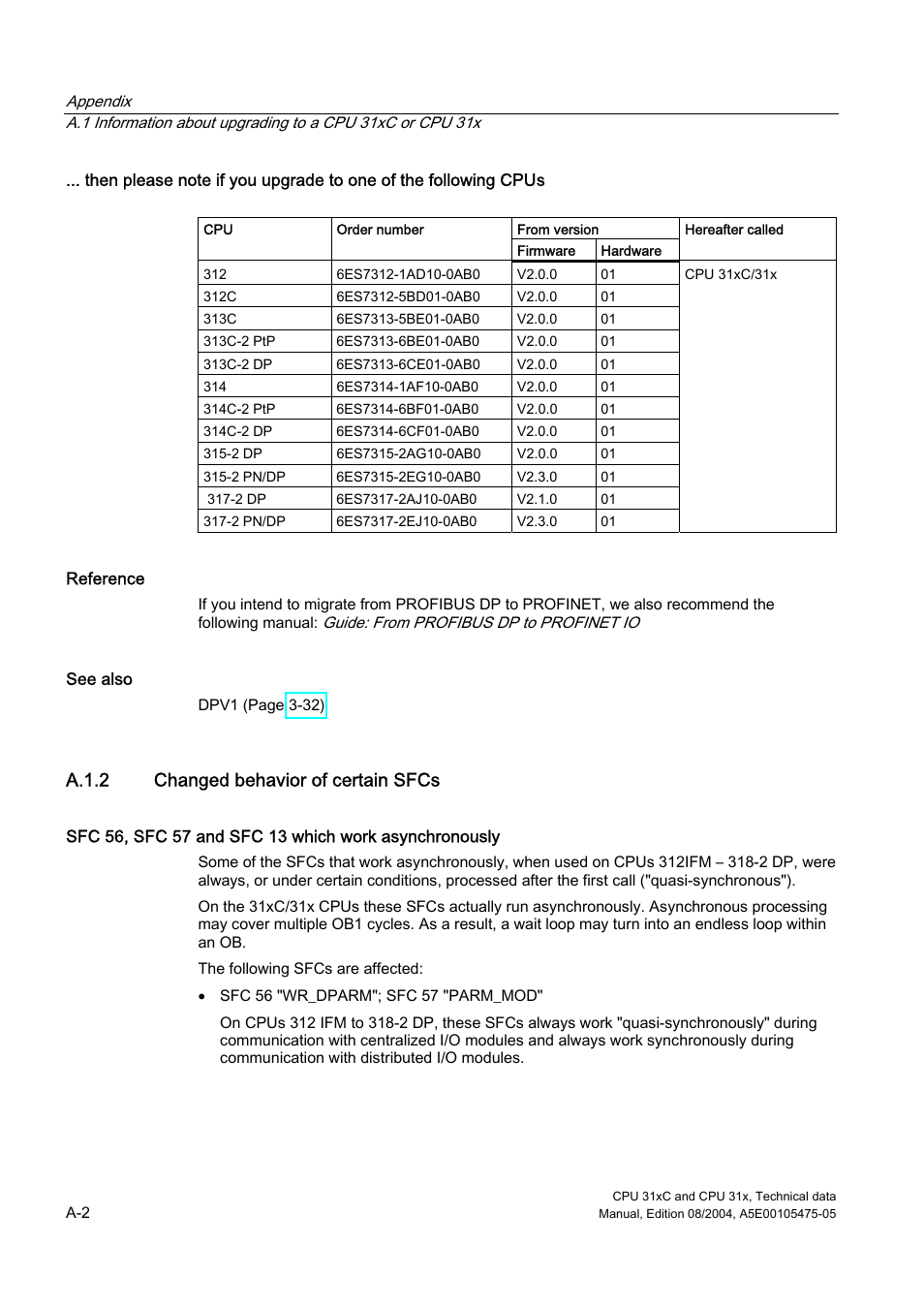 A.1.2 changed behavior of certain sfcs | Siemens Simatic S7-300 CPU 31xC and CPU 31x S7-300 User Manual | Page 208 / 244