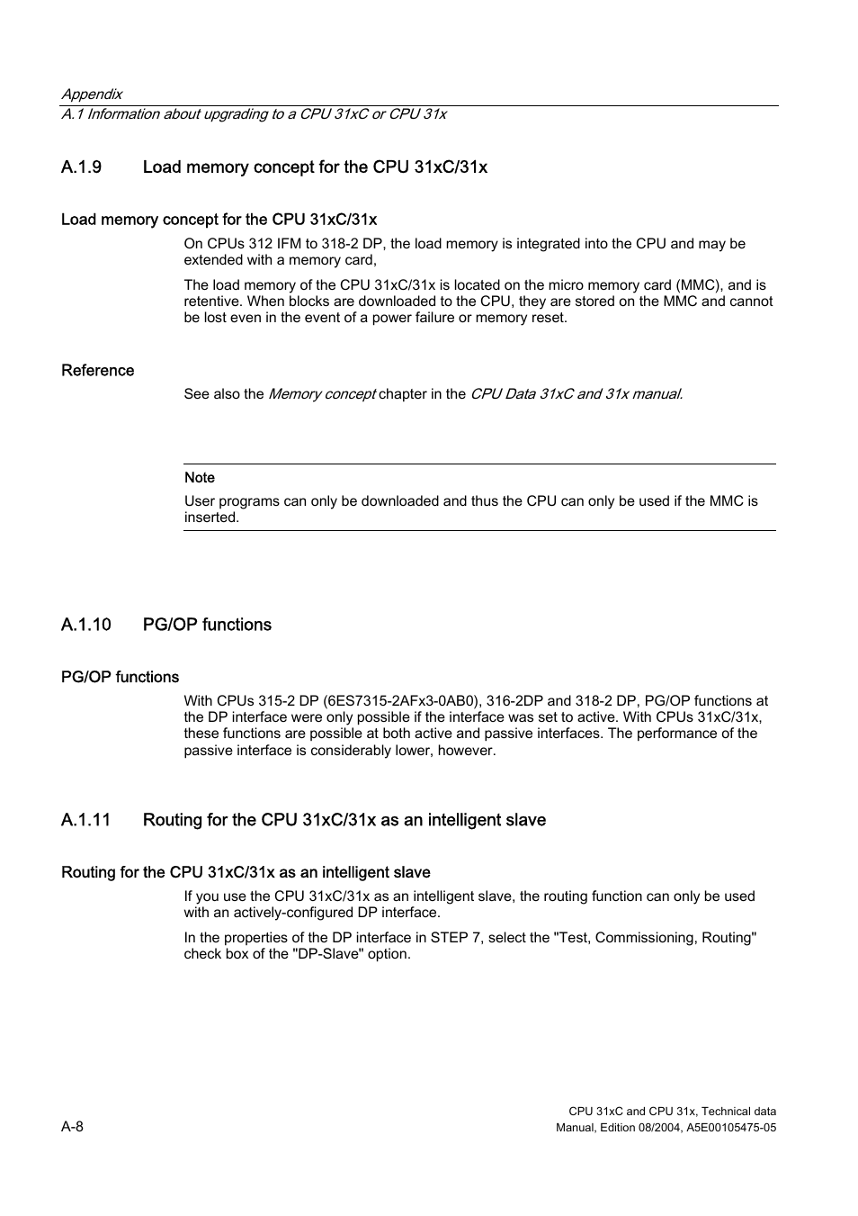 A.1.9 load memory concept for the cpu 31xc/31x, A.1.10 pg/op functions | Siemens Simatic S7-300 CPU 31xC and CPU 31x S7-300 User Manual | Page 214 / 244
