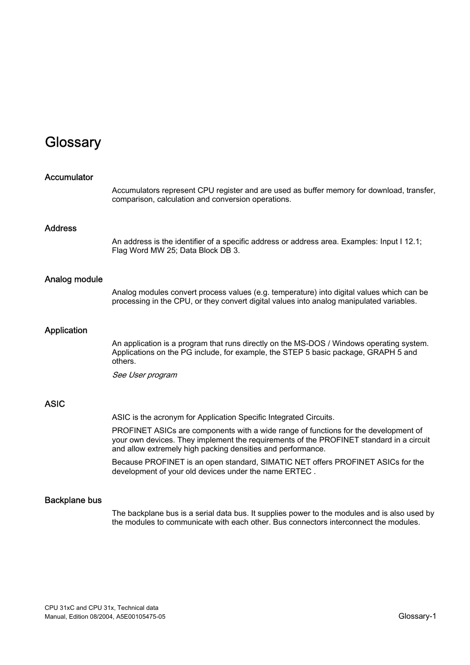 Glossary, Glossary-1 | Siemens Simatic S7-300 CPU 31xC and CPU 31x S7-300 User Manual | Page 217 / 244