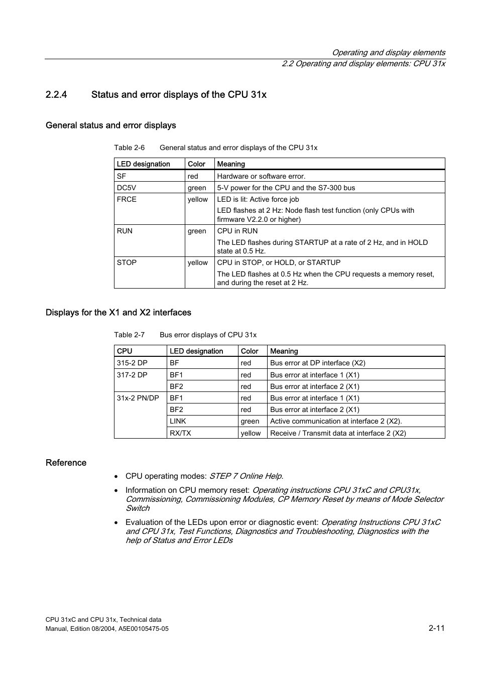 4 status and error displays of the cpu 31x | Siemens Simatic S7-300 CPU 31xC and CPU 31x S7-300 User Manual | Page 27 / 244