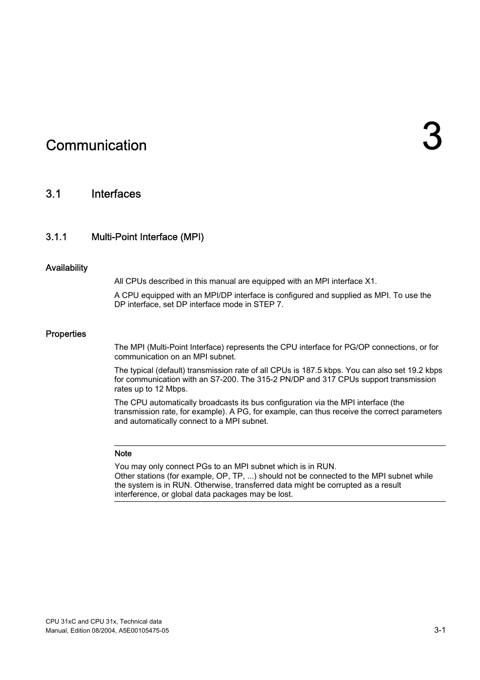 3 communication, 1 interfaces, 1 multi-point interface (mpi) | Communication | Siemens Simatic S7-300 CPU 31xC and CPU 31x S7-300 User Manual | Page 29 / 244