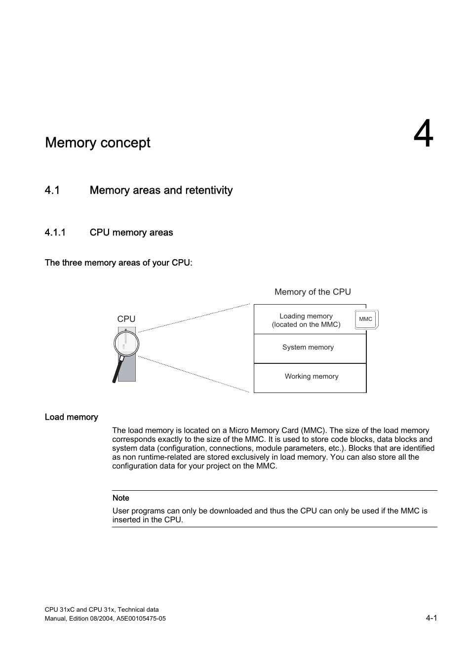 4 memory concept, 1 memory areas and retentivity, 1 cpu memory areas | Memory concept | Siemens Simatic S7-300 CPU 31xC and CPU 31x S7-300 User Manual | Page 63 / 244