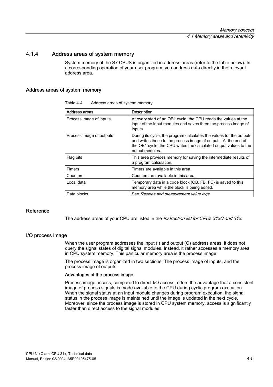 4 address areas of system memory | Siemens Simatic S7-300 CPU 31xC and CPU 31x S7-300 User Manual | Page 67 / 244
