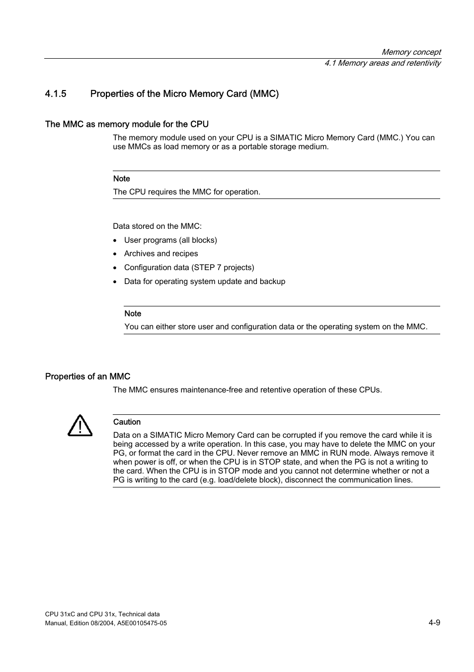5 properties of the micro memory card (mmc) | Siemens Simatic S7-300 CPU 31xC and CPU 31x S7-300 User Manual | Page 71 / 244