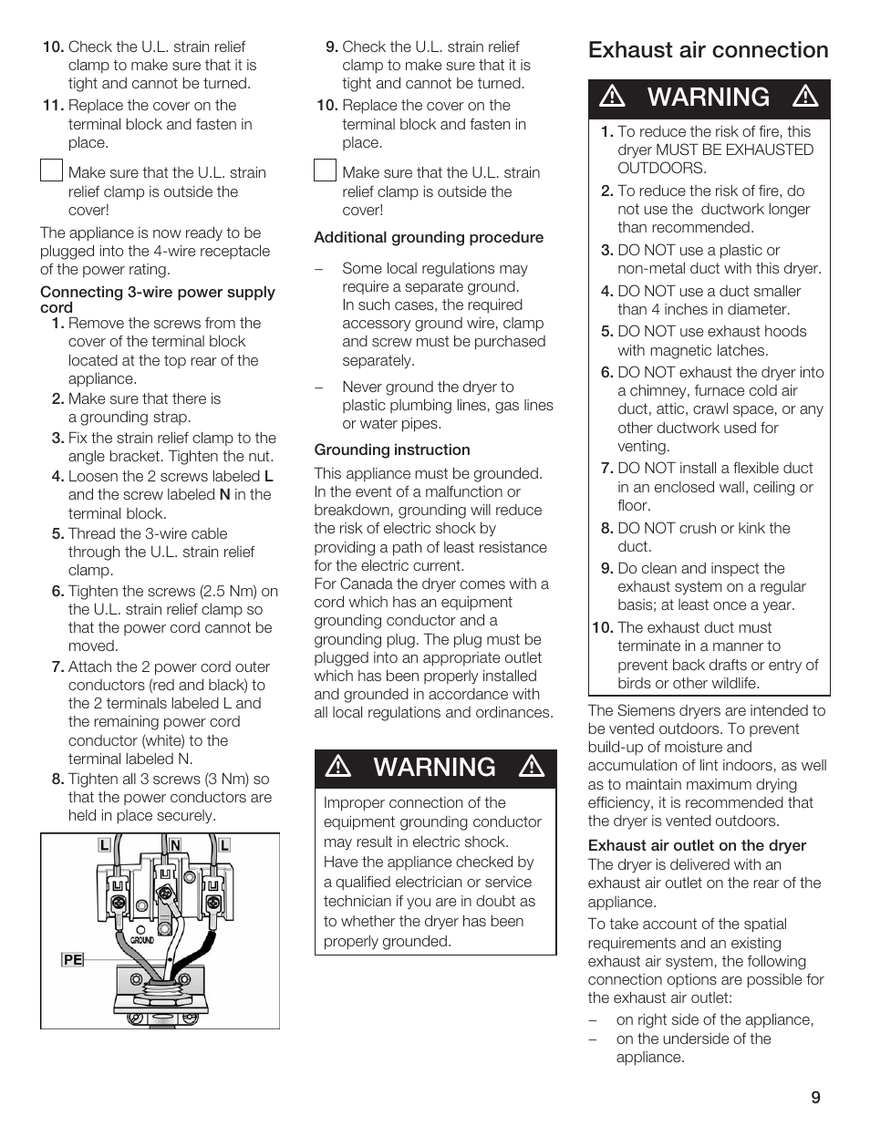 Warning, Exhaust air connection | Siemens ULTRASENSE WTXD5300US User Manual | Page 10 / 81