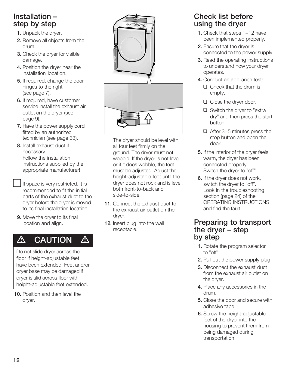 Caution, Installation ć step by step, Check list before using the dryer | Preparing to transport the dryer ć step by step | Siemens ULTRASENSE WTXD5300US User Manual | Page 13 / 81