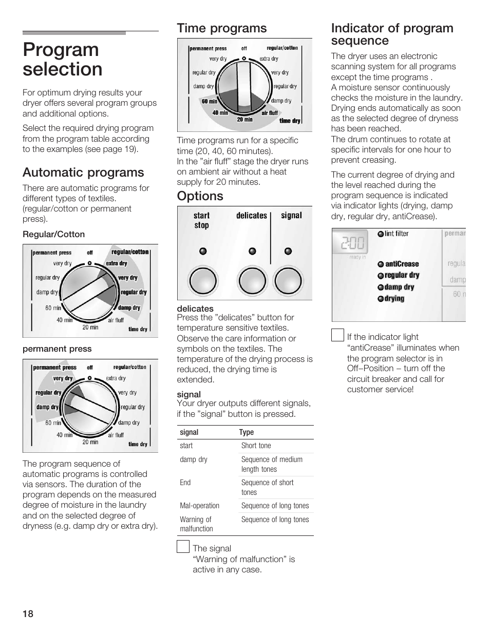 Program selection, Automatic programs, Time programs | Options, Indicator of program sequence | Siemens ULTRASENSE WTXD5300US User Manual | Page 19 / 81