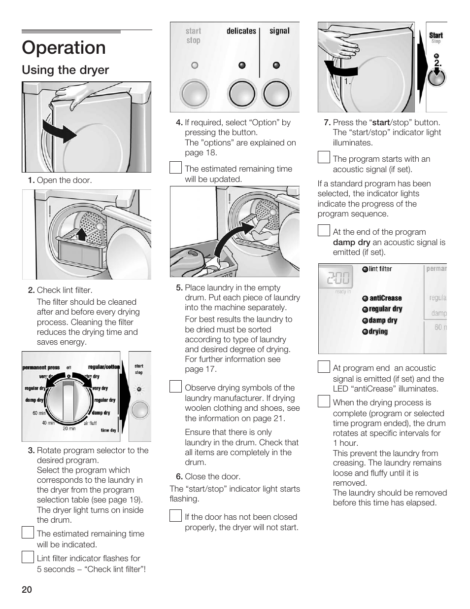 Operation, Using the dryer | Siemens ULTRASENSE WTXD5300US User Manual | Page 21 / 81