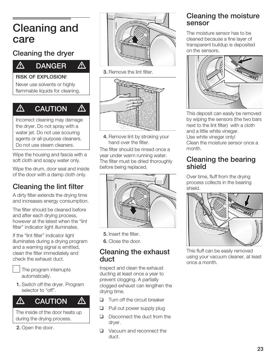 Cleaning and care, Cleaning the dryer, Danger | Caution, Cleaning the lint filter, Cleaning the exhaust duct, Cleaning the moisture sensor, Cleaning the bearing shield | Siemens ULTRASENSE WTXD5300US User Manual | Page 24 / 81