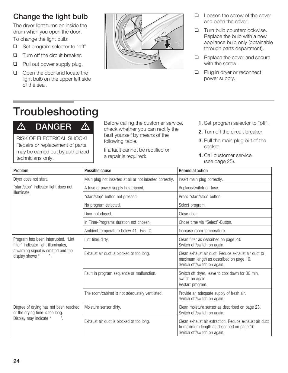 Troubleshooting, Danger, Change the light bulb | Siemens ULTRASENSE WTXD5300US User Manual | Page 25 / 81