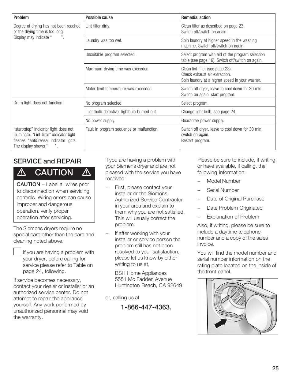 Caution, Service and repair | Siemens ULTRASENSE WTXD5300US User Manual | Page 26 / 81