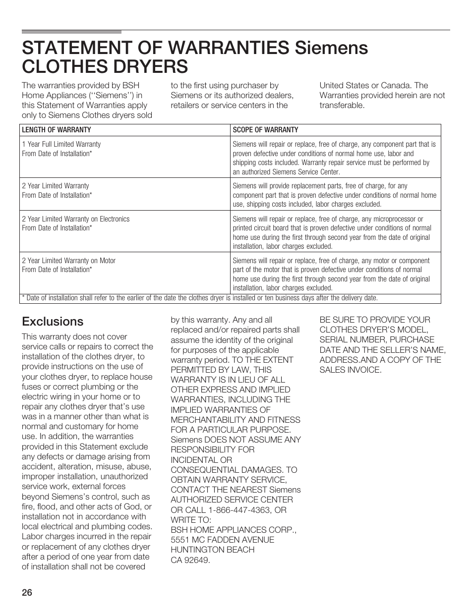 Statement of warranties siemens clothes dryers, Exclusions | Siemens ULTRASENSE WTXD5300US User Manual | Page 27 / 81