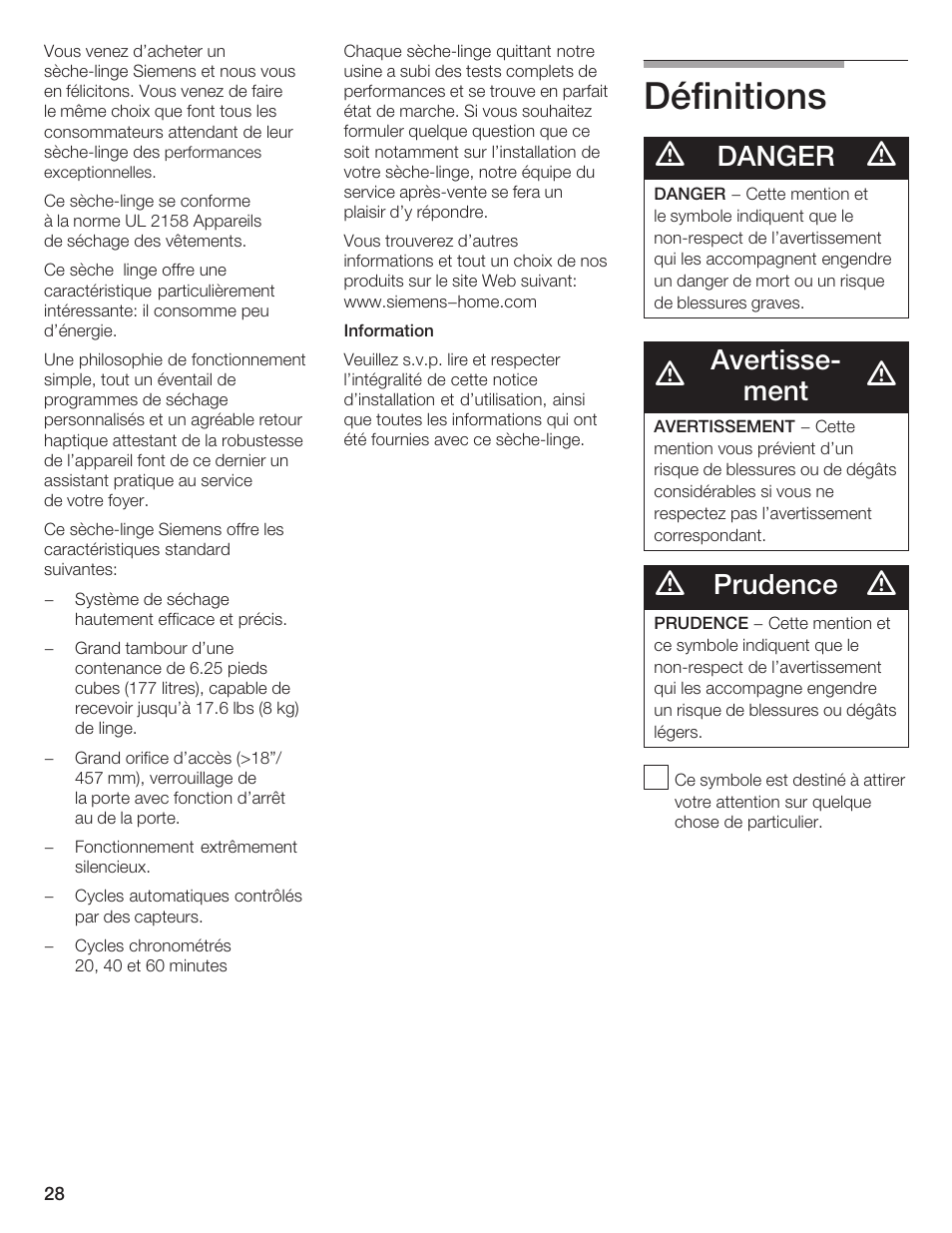 Définitions, Danger, Avertisseć ment | Prudence | Siemens ULTRASENSE WTXD5300US User Manual | Page 29 / 81