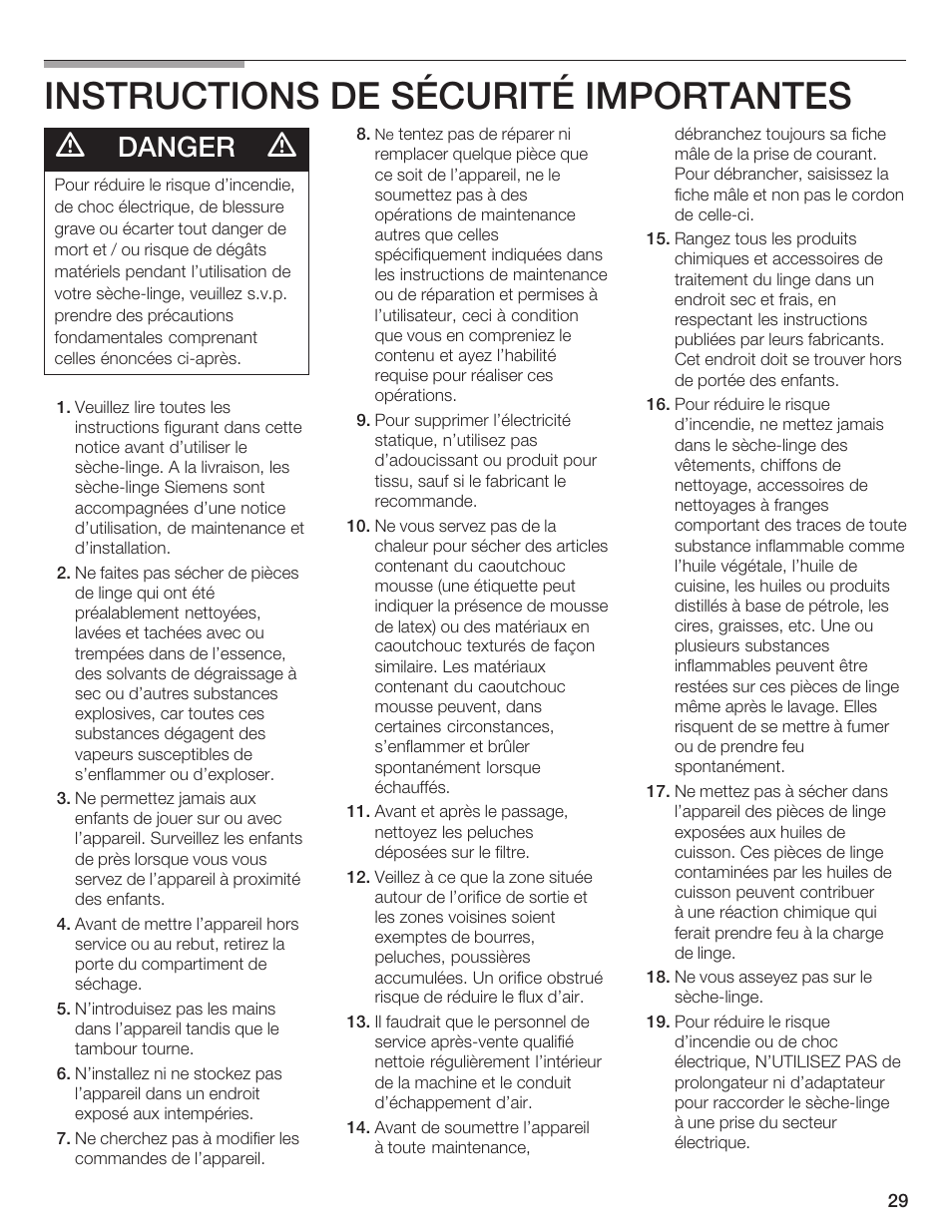 Instructions de sécurité importantes, Danger | Siemens ULTRASENSE WTXD5300US User Manual | Page 30 / 81