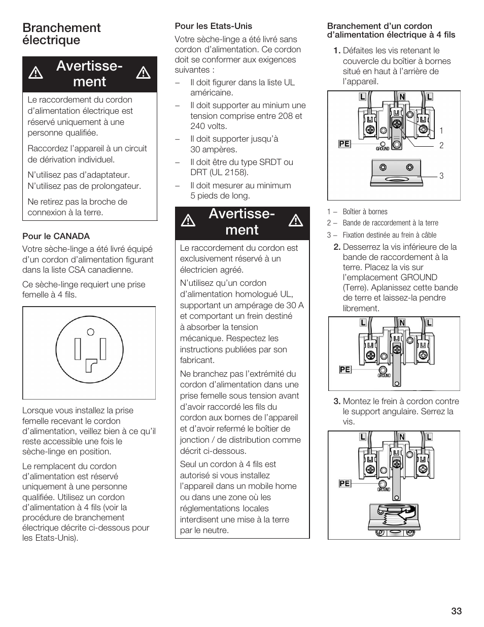 Avertisseć ment, Branchement électrique | Siemens ULTRASENSE WTXD5300US User Manual | Page 34 / 81