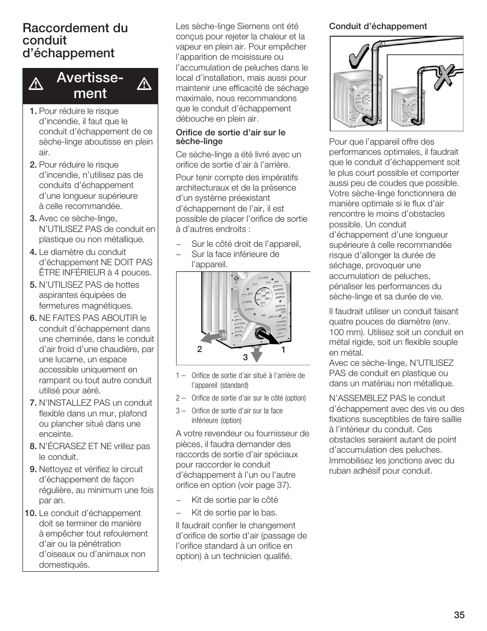 Avertisseć ment, Raccordement du conduit d'échappement | Siemens ULTRASENSE WTXD5300US User Manual | Page 36 / 81