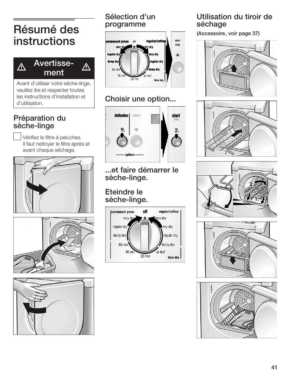 Résumé des instructions, Avertisseć ment | Siemens ULTRASENSE WTXD5300US User Manual | Page 42 / 81