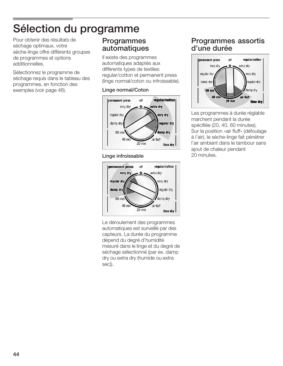 Sélection du programme, Programmes automatiques, Programmes assortis d'une durée | Siemens ULTRASENSE WTXD5300US User Manual | Page 45 / 81