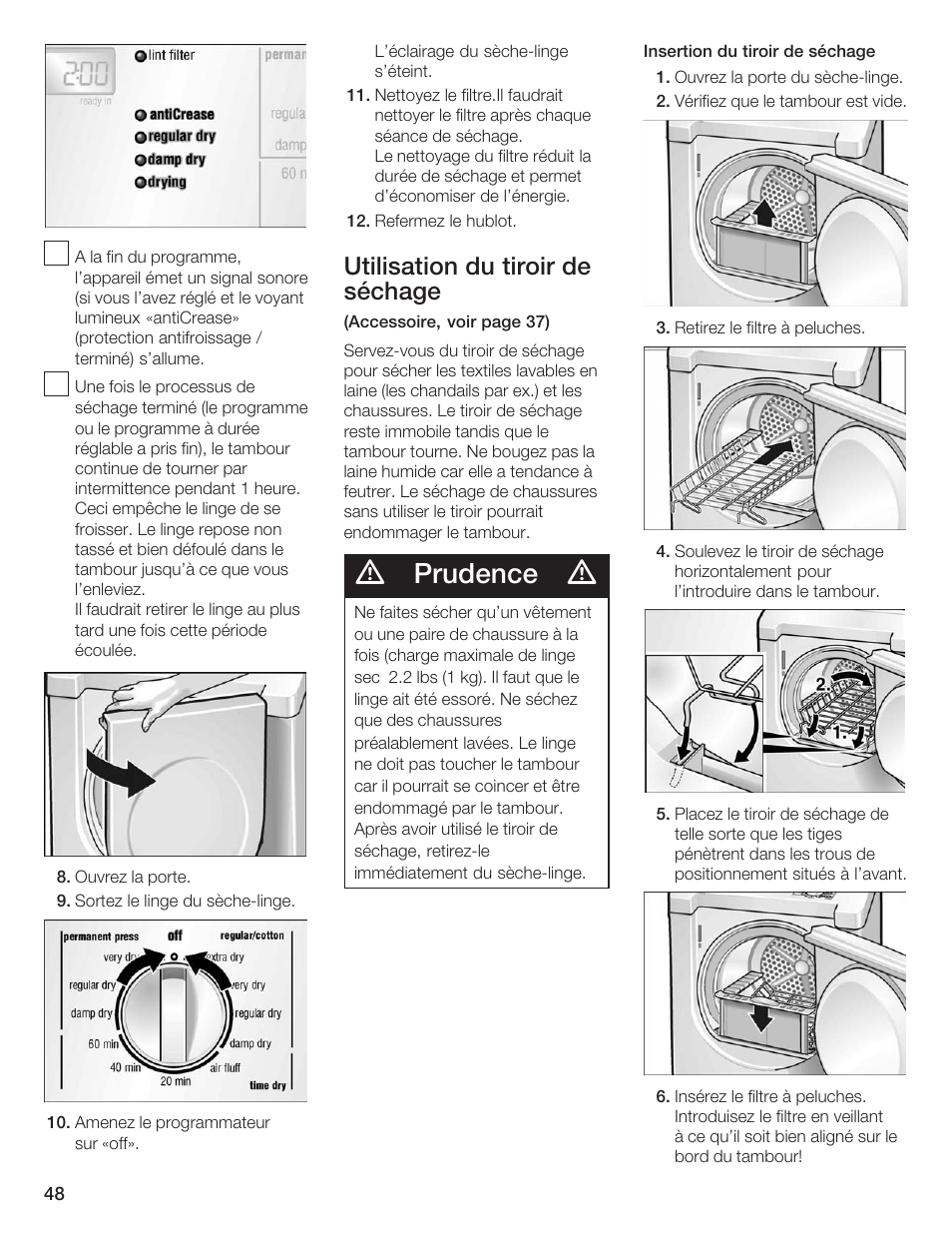 Prudence, Utilisation du tiroir de séchage | Siemens ULTRASENSE WTXD5300US User Manual | Page 49 / 81