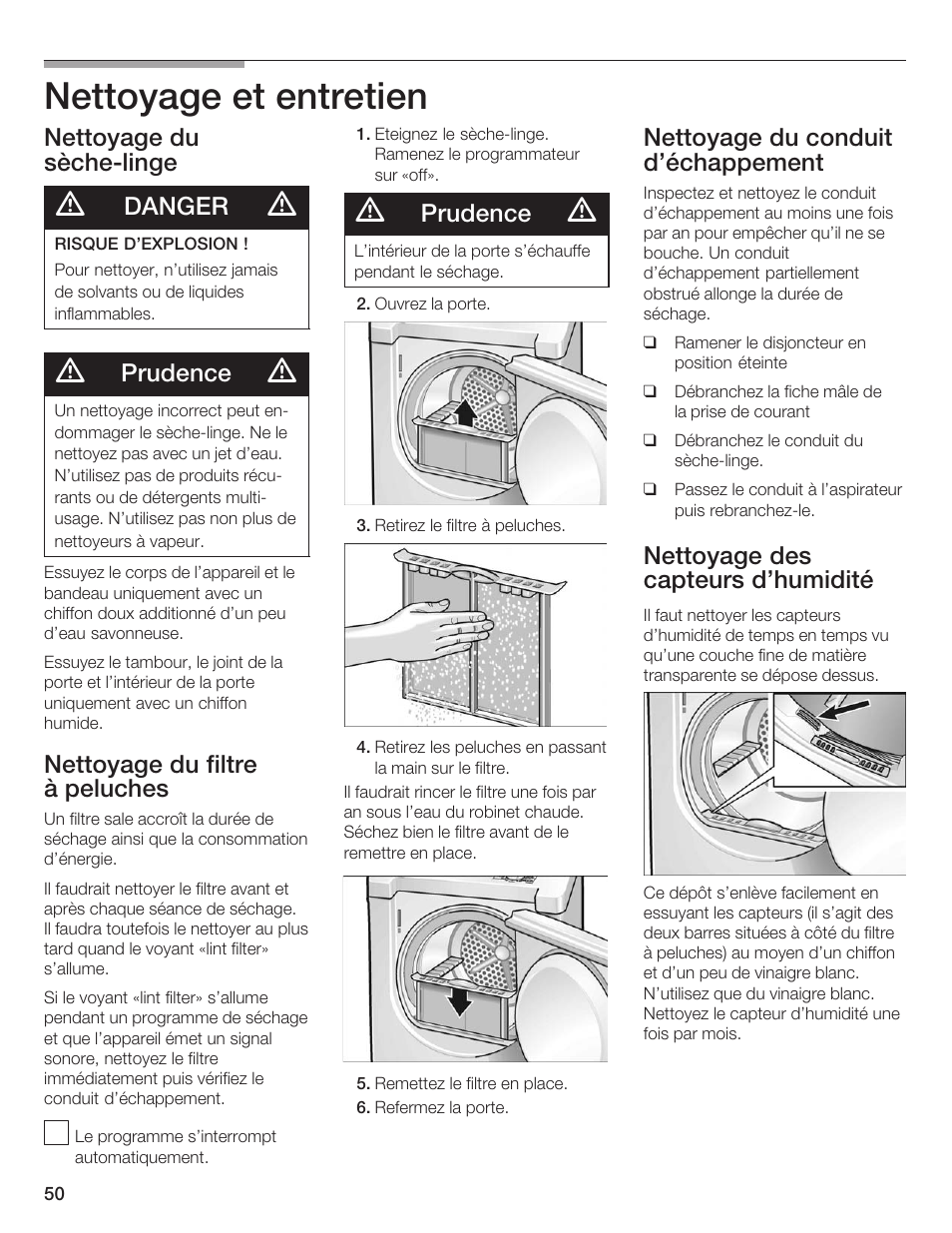 Nettoyage et entretien, Nettoyage du sèchećlinge, Danger | Prudence, Nettoyage du filtre à peluches, Nettoyage du conduit d'échappement, Nettoyage des capteurs d'humidité | Siemens ULTRASENSE WTXD5300US User Manual | Page 51 / 81