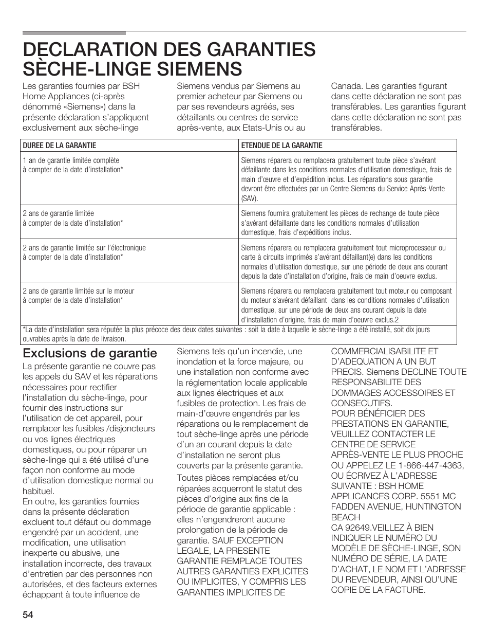 Declaration des garanties sèchećlinge siemens, Exclusions de garantie | Siemens ULTRASENSE WTXD5300US User Manual | Page 55 / 81