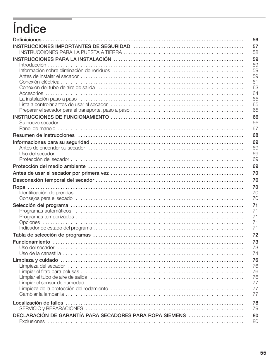 Índice | Siemens ULTRASENSE WTXD5300US User Manual | Page 56 / 81