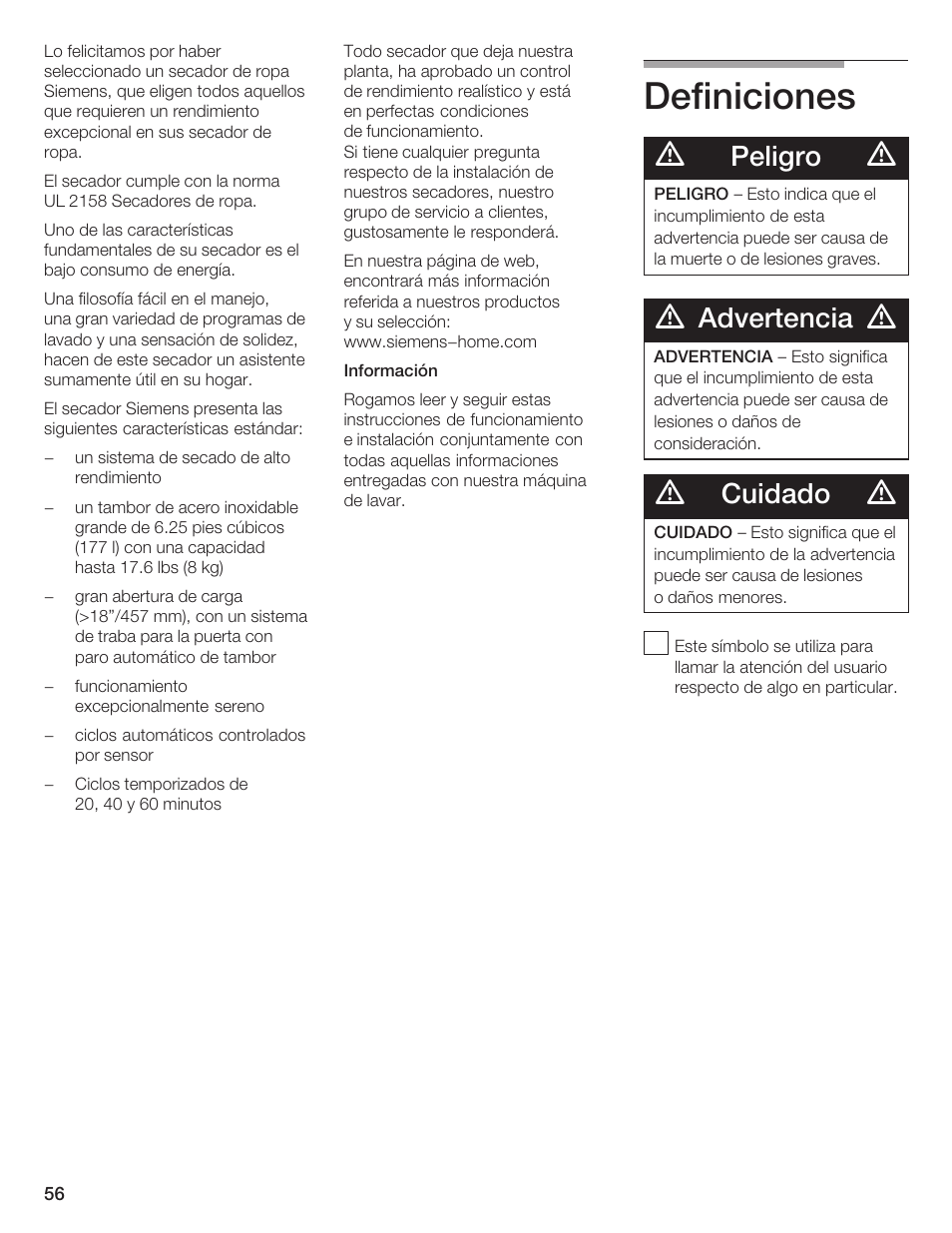 Definiciones, Peligro, Advertencia | Cuidado | Siemens ULTRASENSE WTXD5300US User Manual | Page 57 / 81