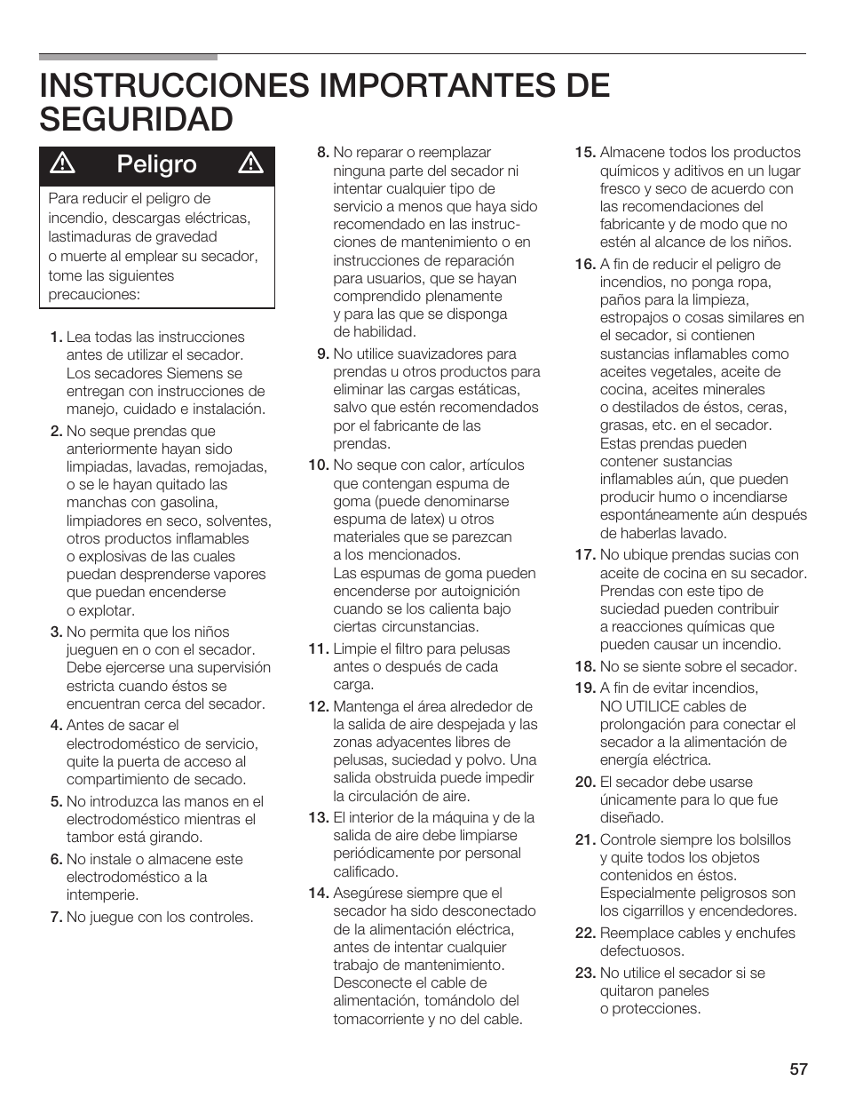 Instrucciones importantes de seguridad, Peligro | Siemens ULTRASENSE WTXD5300US User Manual | Page 58 / 81