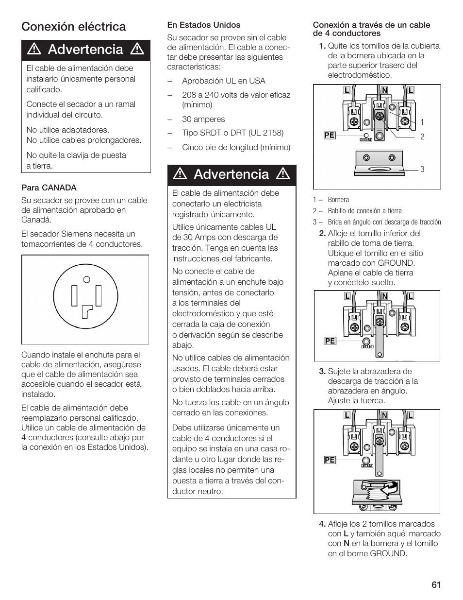 Advertencia, Conexión eléctrica | Siemens ULTRASENSE WTXD5300US User Manual | Page 62 / 81