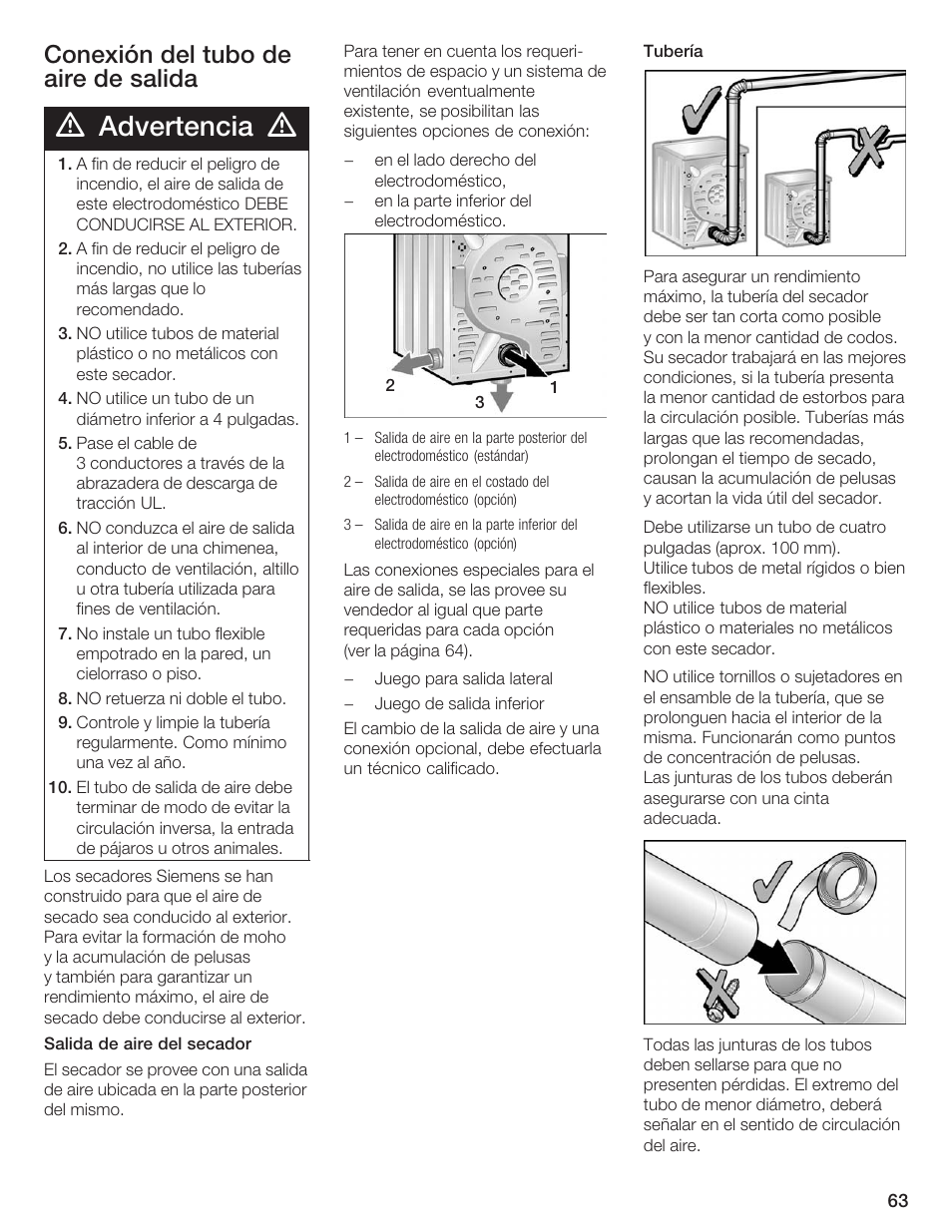 Advertencia, Conexión del tubo de aire de salida | Siemens ULTRASENSE WTXD5300US User Manual | Page 64 / 81