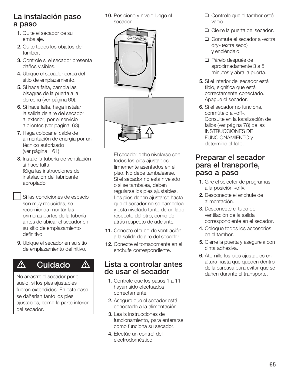 Cuidado, La instalación paso a paso, Lista a controlar antes de usar el secador | Siemens ULTRASENSE WTXD5300US User Manual | Page 66 / 81