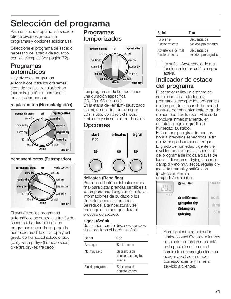 Selección del programa, Programas automáticos, Programas temporizados | Opciones, Indicador de estado del programa | Siemens ULTRASENSE WTXD5300US User Manual | Page 72 / 81