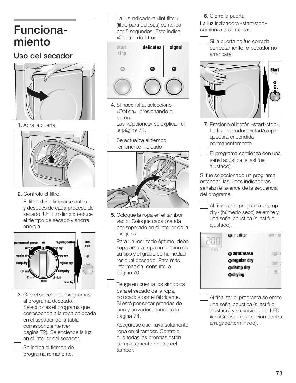 Funcionać miento, Uso del secador | Siemens ULTRASENSE WTXD5300US User Manual | Page 74 / 81