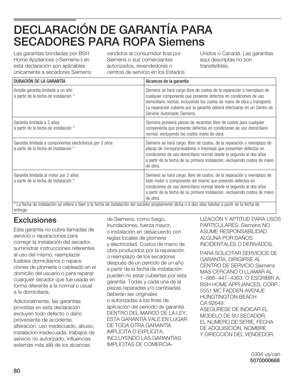 Exclusiones | Siemens ULTRASENSE WTXD5300US User Manual | Page 81 / 81