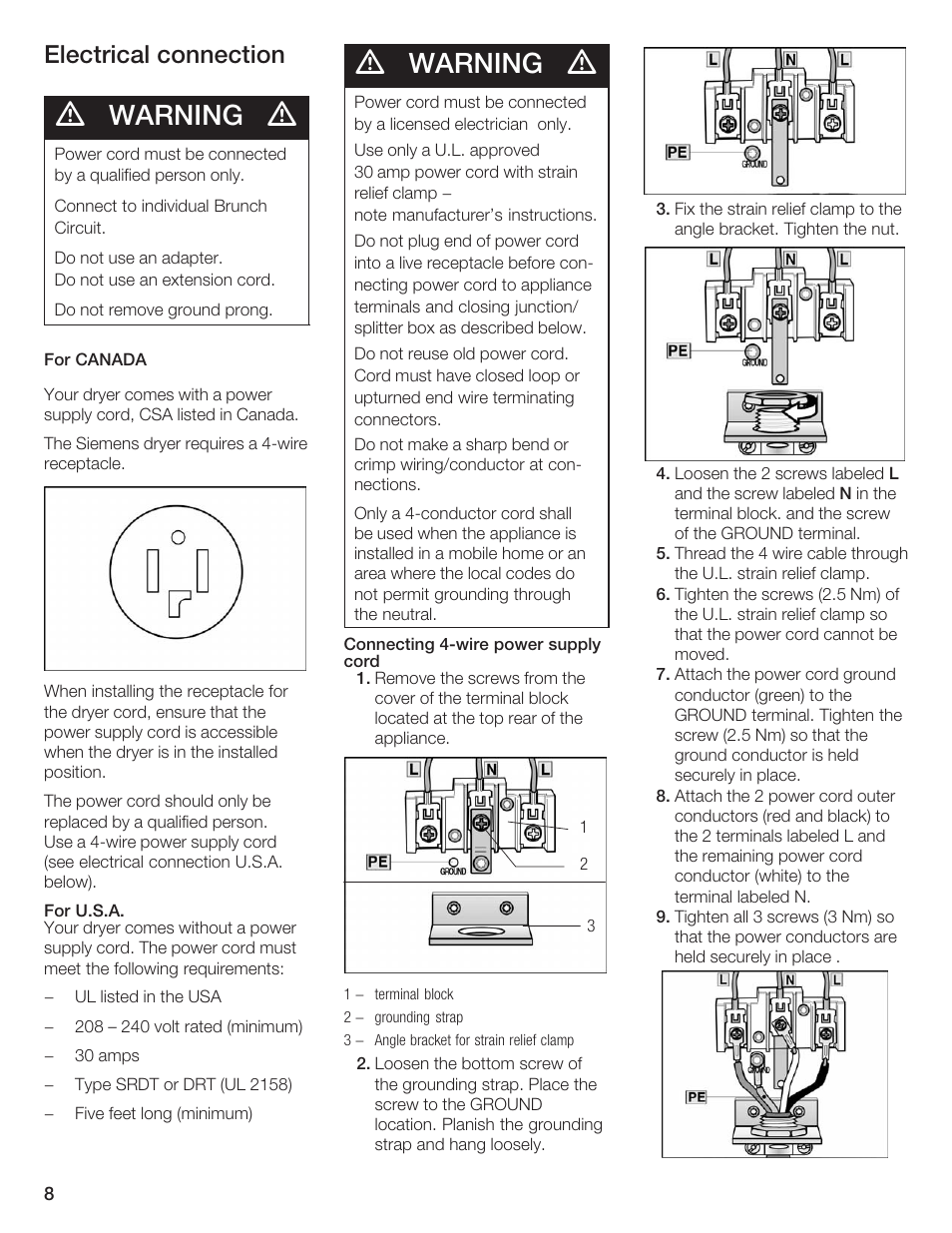 Warning, Electrical connection | Siemens ULTRASENSE WTXD5300US User Manual | Page 9 / 81