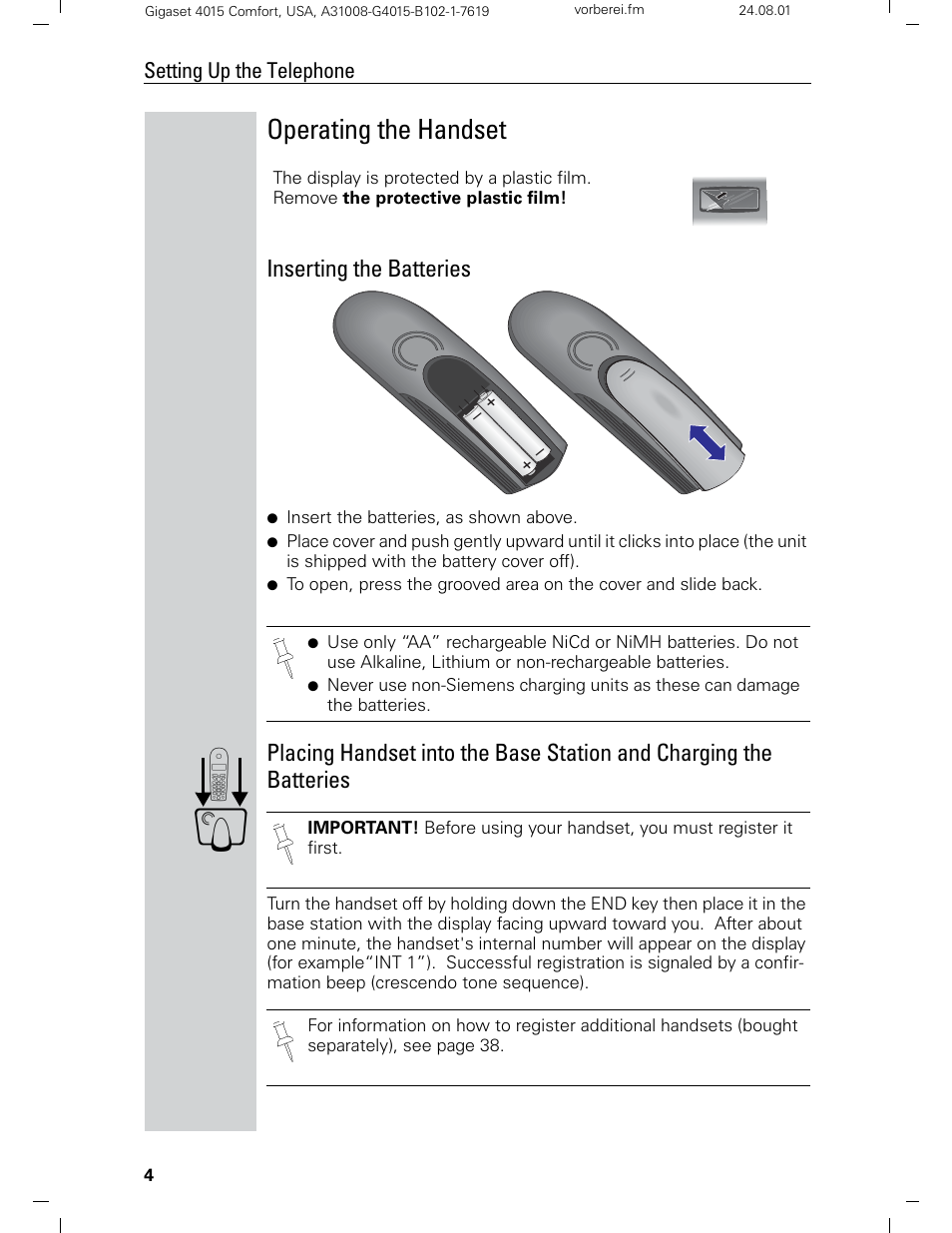 Operating the handset, Inserting the batteries | Siemens Gigaset 4210 User Manual | Page 10 / 153