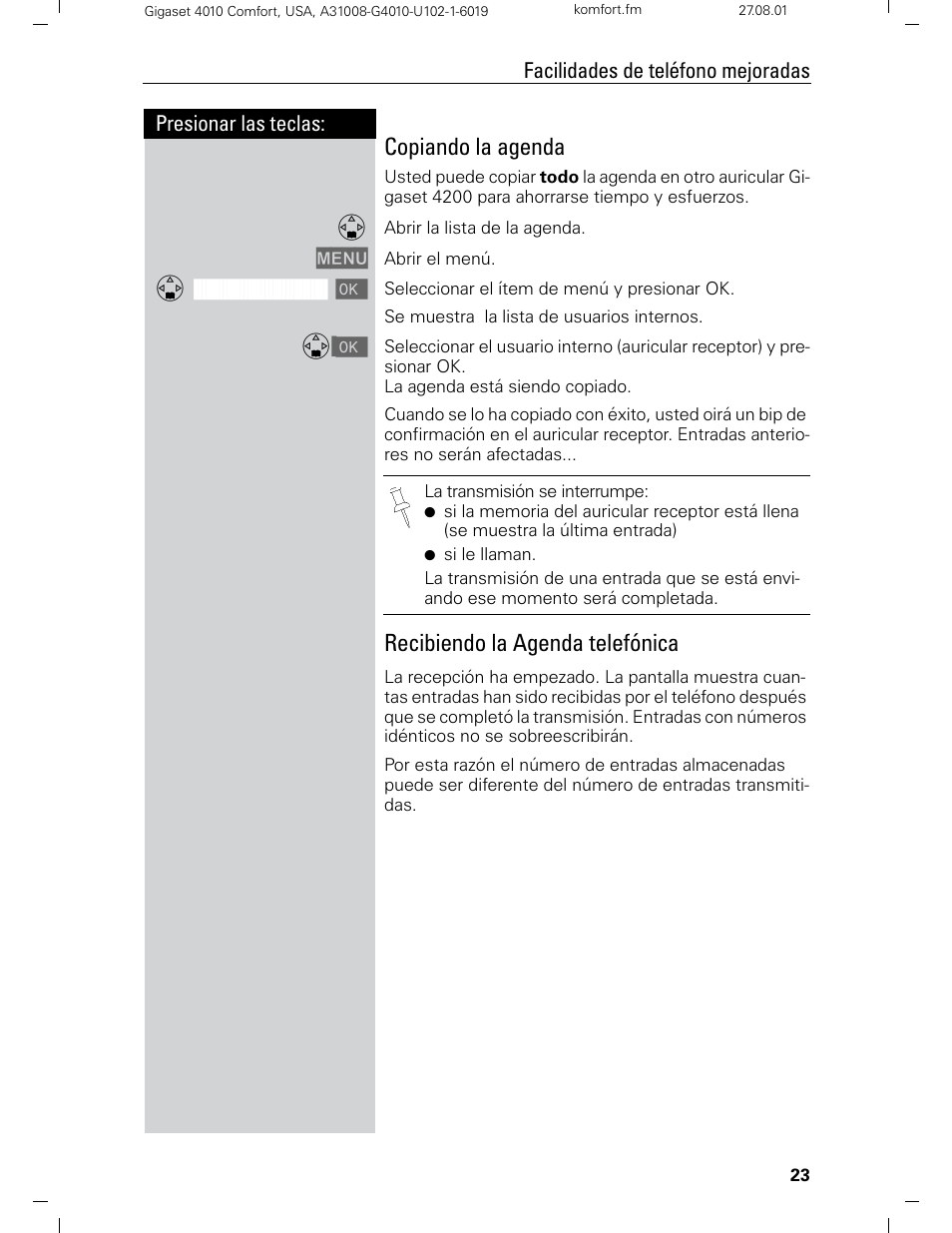 Copiando la agenda, Recibiendo la agenda telefónica | Siemens Gigaset 4210 User Manual | Page 100 / 153