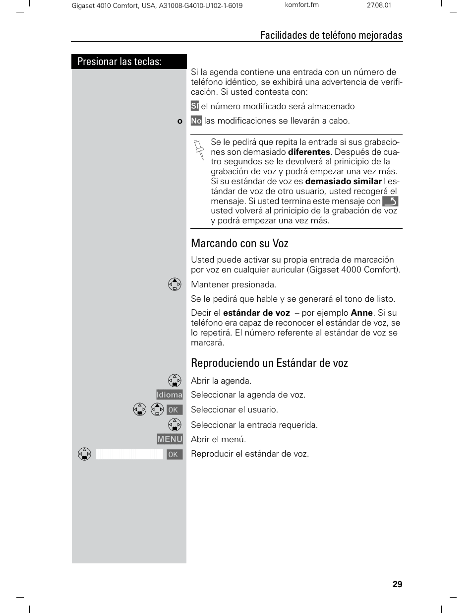 Marcando con su voz, Reproduciendo un estándar de voz | Siemens Gigaset 4210 User Manual | Page 106 / 153