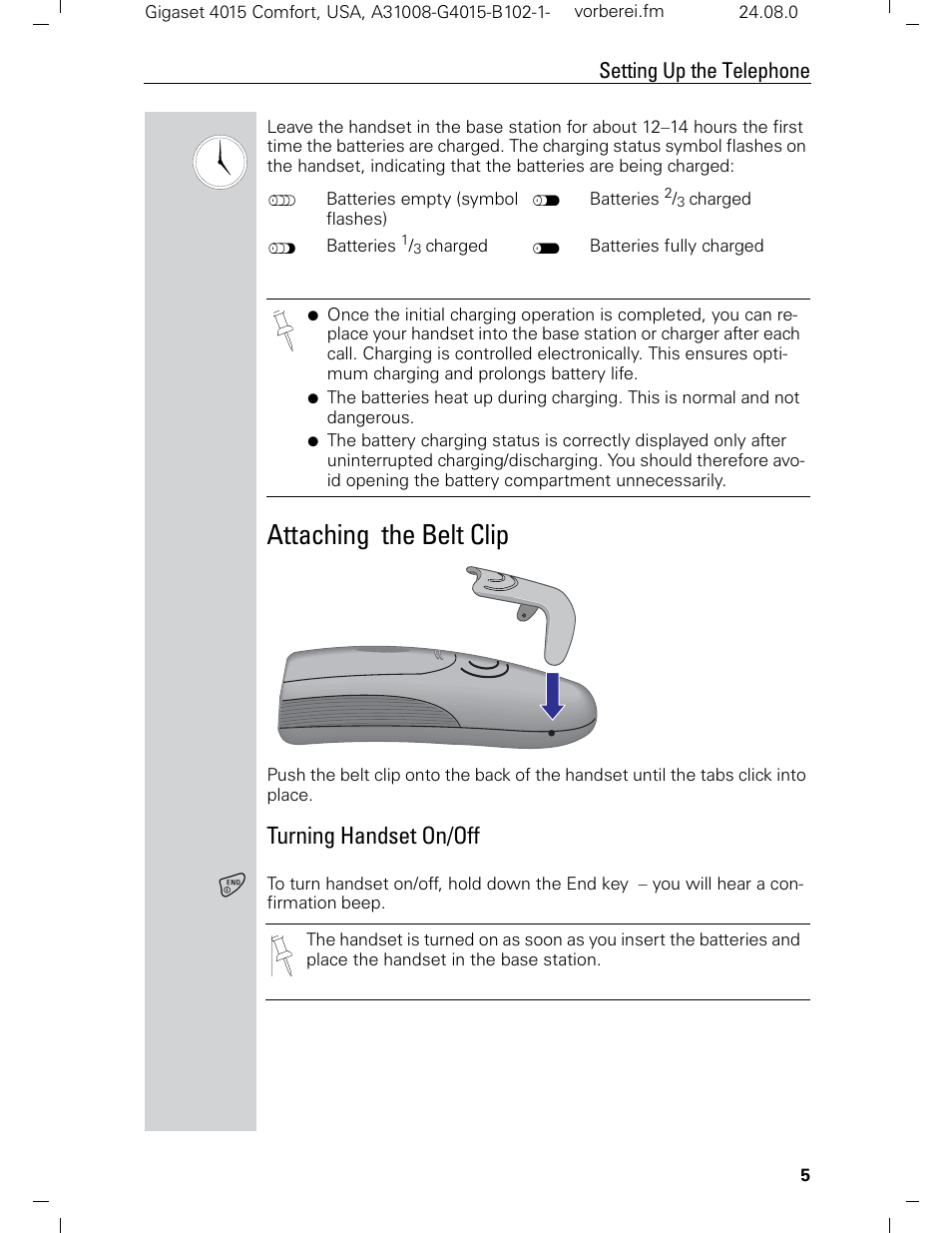 Attaching the belt clip, Turning handset on/off, Setting up the telephone | Siemens Gigaset 4210 User Manual | Page 11 / 153