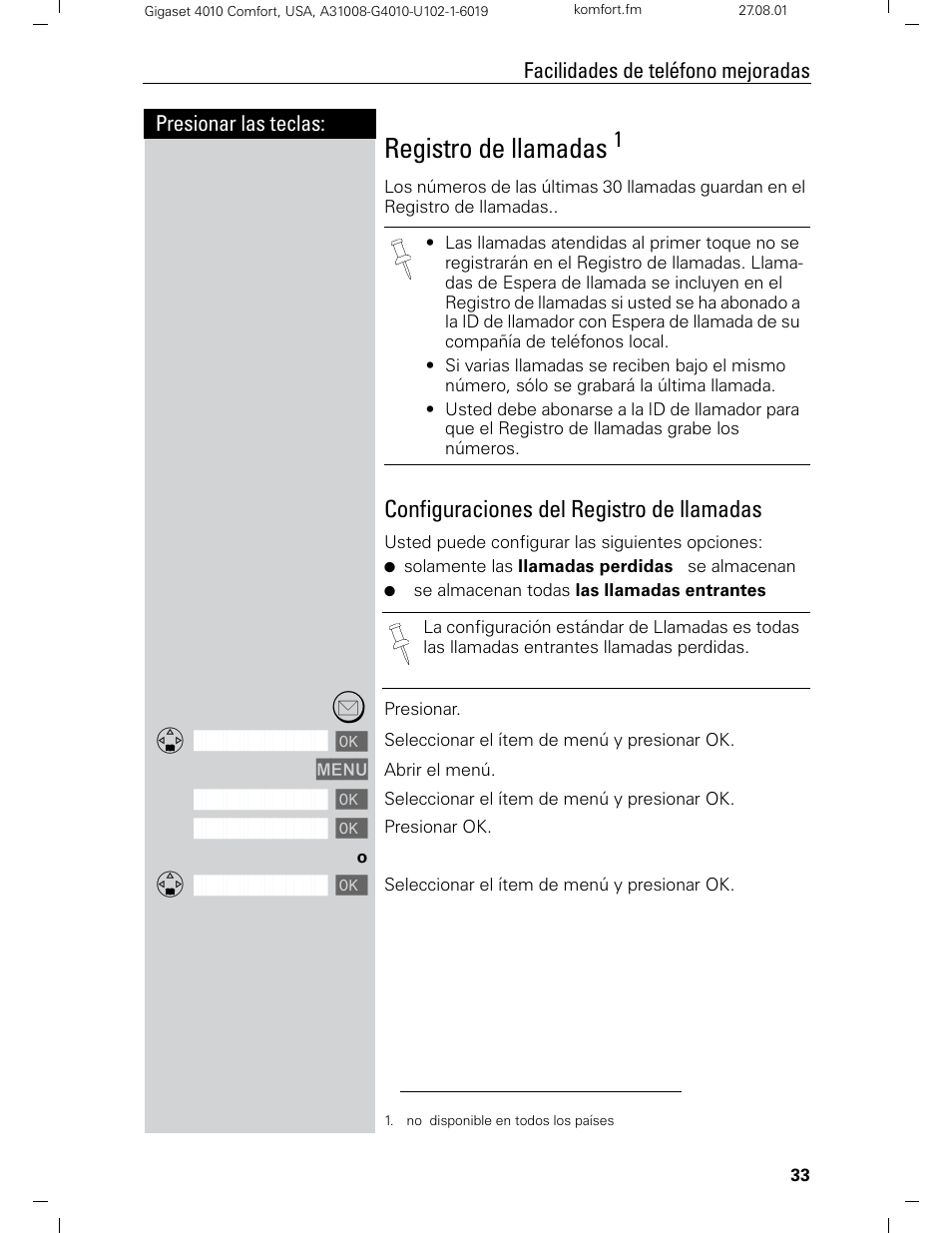 Registro de llamadas, Configuraciones del registro de llamadas | Siemens Gigaset 4210 User Manual | Page 110 / 153