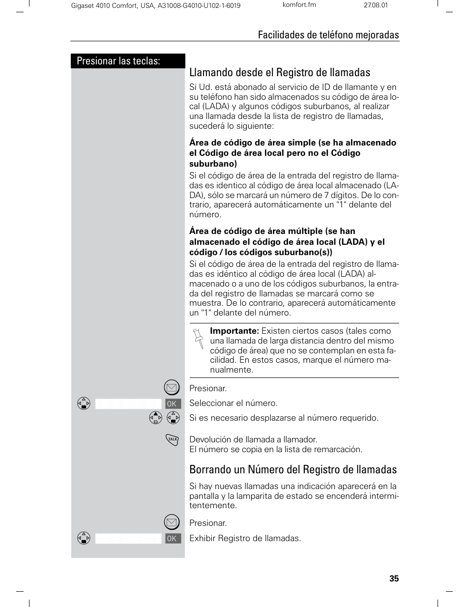 Llamando desde el registro de llamadas, Borrando un número del registro de llamadas | Siemens Gigaset 4210 User Manual | Page 112 / 153