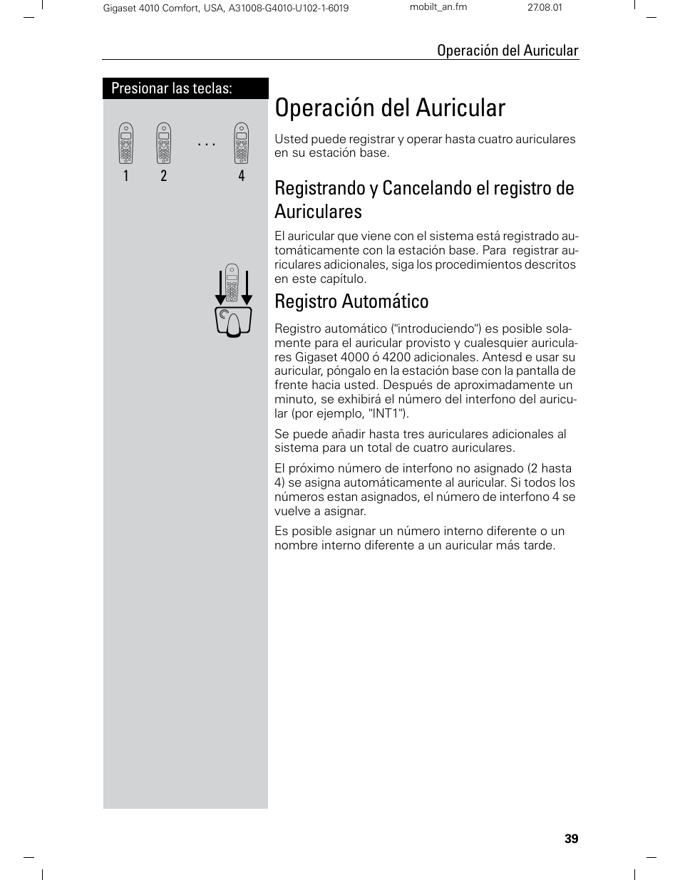 Operación del auricular | Siemens Gigaset 4210 User Manual | Page 116 / 153