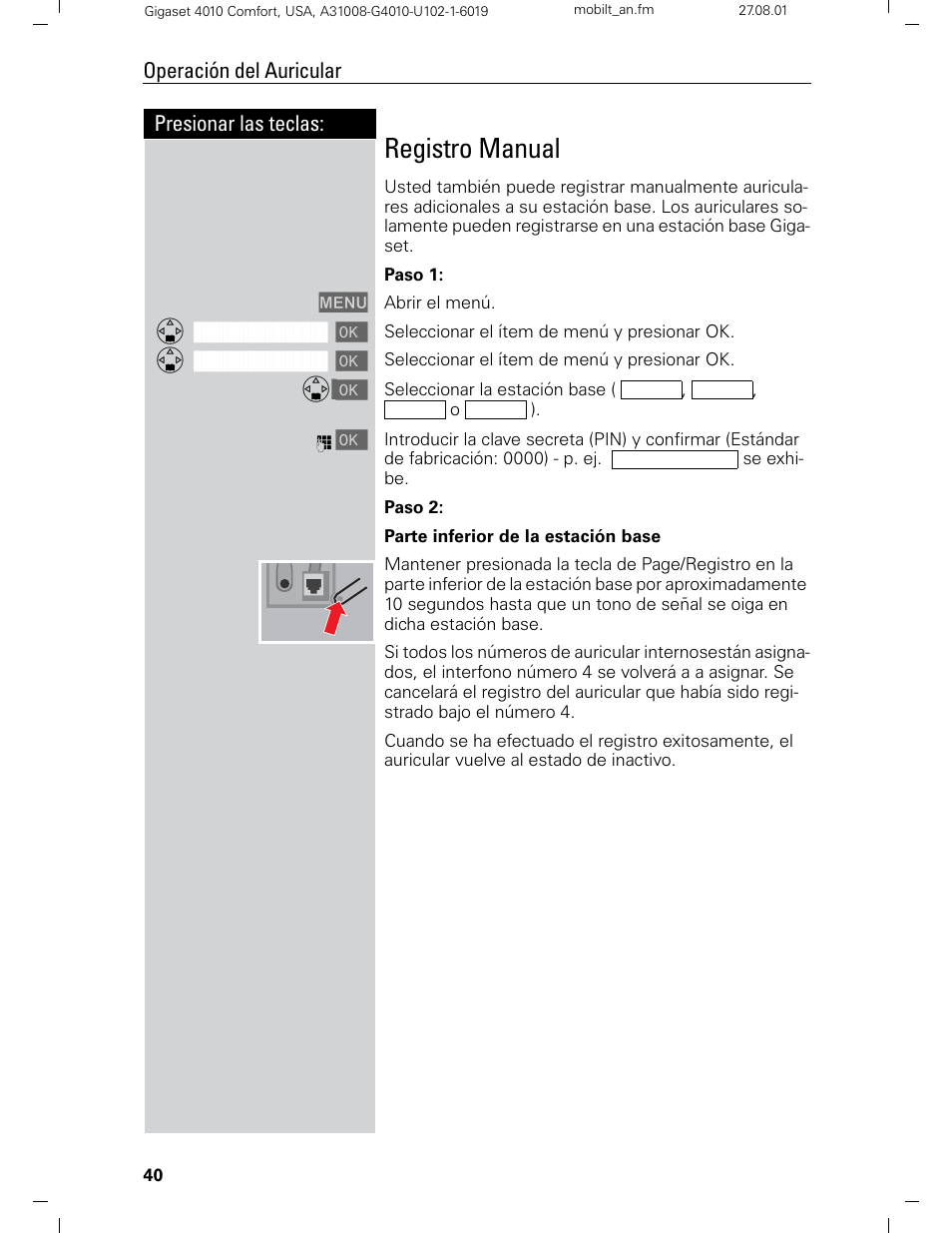 Registro manual, Presionar las teclas: operación del auricular | Siemens Gigaset 4210 User Manual | Page 117 / 153