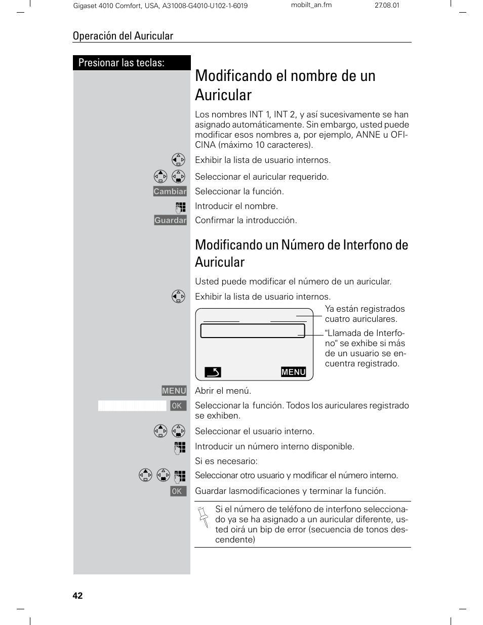 Modificando el nombre de un auricular, Modificando un número de interfono de auricular | Siemens Gigaset 4210 User Manual | Page 119 / 153