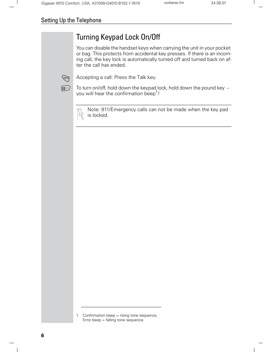 Turning keypad lock on/off | Siemens Gigaset 4210 User Manual | Page 12 / 153