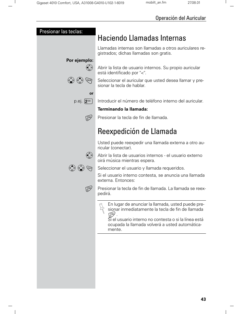 Haciendo llamadas internas, Reexpedición de llamada | Siemens Gigaset 4210 User Manual | Page 120 / 153