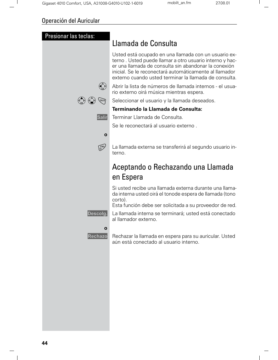 Llamada de consulta, Aceptando o rechazando una llamada en espera | Siemens Gigaset 4210 User Manual | Page 121 / 153