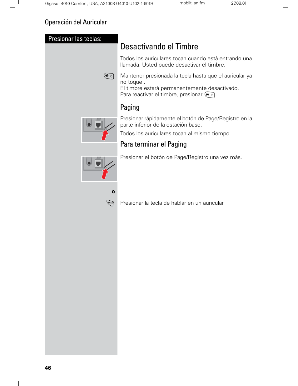 Desactivando el timbre, Paging, Para terminar el paging | Siemens Gigaset 4210 User Manual | Page 123 / 153